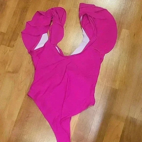 Swim One Piece Layered Ruffles Fuschia Pink M NWOT - Picture 8 of 10
